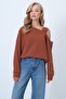 Cinnamon Brown Asymmetrical Cut Shoulder Band Detailed Knitted Blouse Alc-X14574 - 3