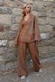 Brown Double-Breasted V-Neck Jacket and Trousers Set with Tie Detail Alc-X14484 - 2
