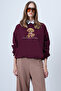 Women's Burgundy Front Printed Oversize Cotton Sweatshirt Alc-X14651