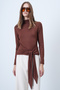 Women's Cinnamon Brown Stand Collar Waist Tie Blouse Alc-X14652