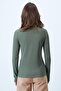 Women's Khaki Crew Neck Front Slit Button Detail Ottoban Blouse Alc-X14345 - 5