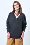 Women's Anthracite V-Neck Double-Breasted Oversized Sweatshirt Alc-X14555 - 5