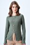 Women's Khaki Crew Neck Front Slit Button Detail Ottoban Blouse Alc-X14345
