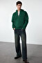 Zümrüt Yeşili Oversize/Geniş Kesim Fermuarlı Kapüşonlu İçi Polarlı Basic Sweatshirt TMNAW25SW00050 - 6
