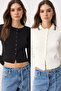 Siyah*001-Ekru Crop Renk Bloklu-Düz İkili Paket Triko Hırka TWOAW26HI00127