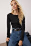 Siyah Fitted/Vücuda Oturan Kayık Yaka Çıtçıtlı Esnek Örme Body TWOAW26BD00011
