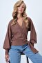 Cinnamon Brown Double Breasted Collar Belted Cuff Sleeves Woven Blouse Alc-X14505 - 2