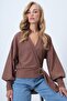 Cinnamon Brown Double Breasted Collar Belted Cuff Sleeves Woven Blouse Alc-X14505 - 5