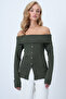Khaki Madonna Collar Knitted Blouse with Front Slit Alc-X14527 - 4
