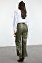 Haki Relaxed/Rahat Straight/Boru Paça Dikiş Detaylı Örme Deri Pantolon TWOAW25PL00068 - 5