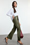 Haki Relaxed/Rahat Straight/Boru Paça Dikiş Detaylı Örme Deri Pantolon TWOAW25PL00068 - 3
