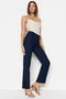 Lacivert Straight/Düz Kesim Yüksek Bel Nervür Dikişli Dokuma Pantolon TWOSS21PL0093 - 4