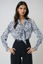 Women's Black-White V-Neck Neck Tie Detail Gipe Detail Moss Crepe Blouse Alc-X14367