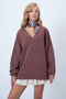 Brown V-Neck Double-Breasted Oversized Sweatshirt Alc-X14555 - 2