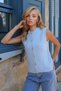 Women's Blue Crew Neck Gold Button Textured Knit Vest Alc-X14455 - 4