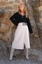 Women's Ecru Leather Belt Accessory Wrap Cut Midi Length Velvet Skirt Alc-X14570 - 3