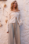 Beige Pleated Detailed Knitted Palazzo Trousers Alc-X14535 - 3