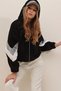 Black-Grey Hooded Zippered Oversize Plush Sweatshirt with Color Block Sleeves Alc-547-001