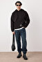 Siyah Oversize/Geniş Kesim Kapüşonlu İçi Polar/Sıcak Tutan Sweatshirt TMNAW21SW2005 - 2