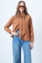 Women's Tan Self-Belted Oversize Velvet Shirt Alc-X14622 - 2