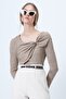Women's Cinnamon Brown Asymmetrical Neckline Accessory Detail Shirred Camisole Blouse Alc-X14357 - 3