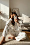 Beyaz Pamuklu Çiçekli Yumuşak Tuşe Fitilli Örme Pijama Takımı THMAW26PT00218