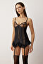 Siyah 3lü Tül Dantelli Jartiyerli, Çoraplı ve Külotlu Örme Babydoll/Fantezi Gecelik THMSS25LL00004 - 2