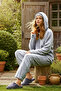 Gri Kapüşonlu ve Nakışlı Wellsoft Kışlık Örme Pijama Takımı THMAW25PT00143