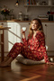 Bordo %100 Pamuklu Yılbaşı Temalı Biyeli Örme Pijama Takımı THMAW22PT1204