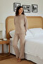 Koyu Bej Kapüşonlu Fitilli Örme Pijama Takımı THMAW22AU0334