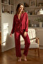 Bordo Kalpli Bağlama Detaylı Viskon Dokuma Pijama Takımı THMAW22PT0300