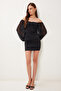 Women's Black Tulle Balloon Sleeve Draped Wrap Mini Chic Dress Hct0001 - 2