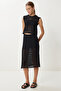 Women's Black Openwork Summer Knitwear Blouse Skirt Set Lyy0119