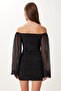 Women's Black Tulle Balloon Sleeve Draped Wrap Mini Chic Dress Hct0001 - 4