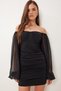 Women's Black Tulle Balloon Sleeve Draped Wrap Mini Chic Dress Hct0001 - 3