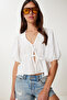 Women's Ecru Lace Trimmed Summer Woven Blouse Lhf0028 - 3