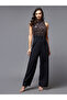 Black Sequined Mesh Insert Jumpsuit - 2