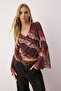 Çok Renkli Boho/Boho Chic Baskılı V yaka İspanyol Kol Tül Esnek Örme Bluz TWOAW26BZ00239