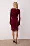 Bordo V Yaka Düz Kısa / Mini V Yaka Bodycone Triko Elbise TWOAW26EL00052 - 4