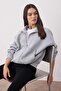 Gri Melanj Oversize/Geniş Kalıp Fermuarlı Dik Yaka Kalın Örme Sweatshirt TWOAW26SW00070