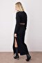 Black Plain Midi Slit Detail Belted Knitwear Long Dress Twoaw26El00098 - 4