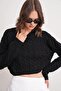 6863 Women's Braided Crop Knit Sweater Black - 3