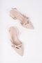 Leiria Model Buckle Detailed Beige Patent Leather Open Back Pointed Toe Square Heeled Ballerina Women's Shoes
