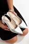 Women's Silver Gray Lame Skin Open Back Buckle 6 cm Thick Heel Shoes - Fleur - 4