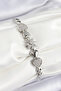 Brass Zircon Stone Heart Detailed Flower Model Silver Color Women's Bracelet -