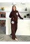 Women's Brown Stylish Floral Embroidered Half Turtleneck Sweater Pants Bottom Top Knitwear Set