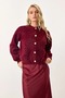 Burgundy Soft Bearded Yarn Balloon Sleeve Buttoned Knit Cardigan