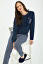 Striped Navy Blue Women's Long Sleeve Pajama Set - 2