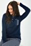 Striped Navy Blue Women's Long Sleeve Pajama Set - 3