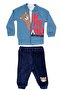 Teddy Bear Figured Zippered Blue Sweatshirt Navy Blue Velvet Bottom 3 Piece Baby Boy Set - 2